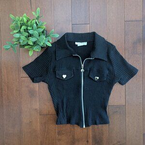 HEART DETAIL VINTAGE RIBBED ZIPPER TOP